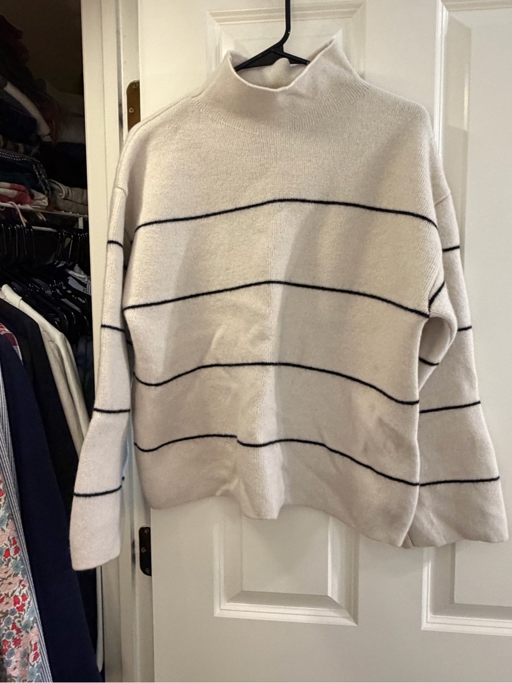 H&M Cream Wool Mock Neck Sweater with Black Stripe Accents